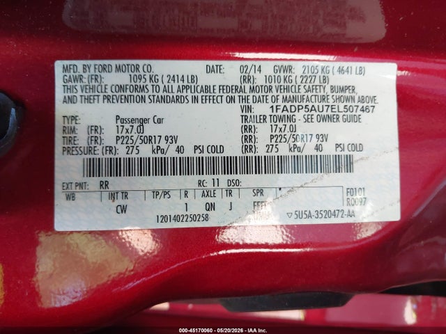 45170060 :رقم المزاد ، 1FADP5AU7EL507467 vin ، 2014 Ford C-max Hybrid Se مزاد بيع
