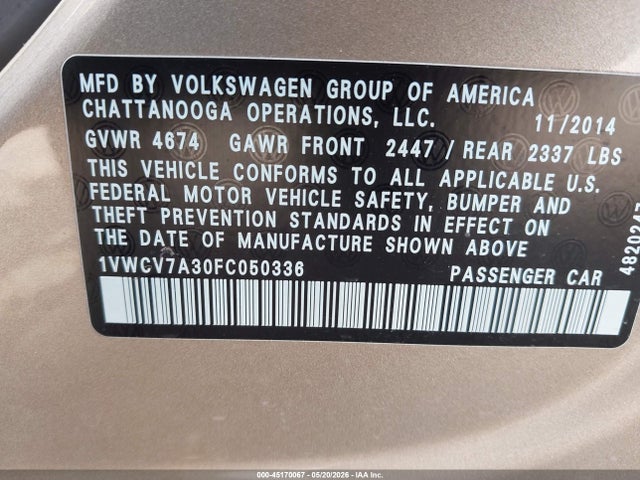 2015 Volkswagen Passat 2.0l Tdi Sel Premium მანქანა იყიდება აუქციონზე, vin: 1VWCV7A30FC050336, აუქციონის ნომერი: 45170067