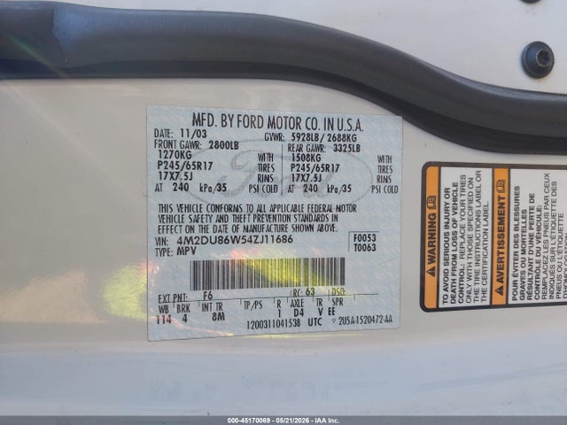 Продажа на аукционе авто 2004 Mercury Mountaineer, vin: 4M2DU86W54ZJ11686, номер лота: 45170069