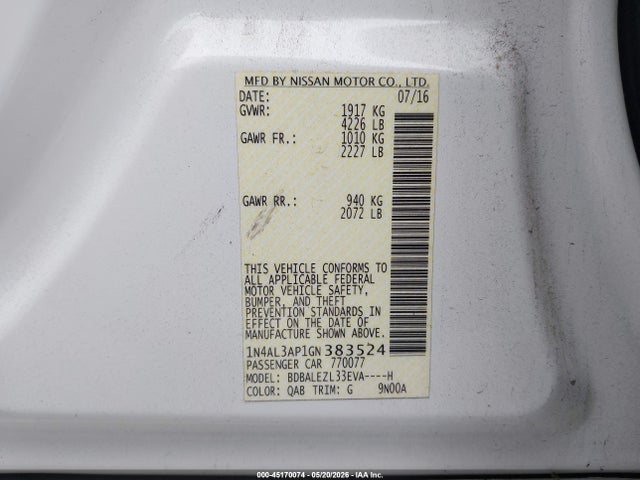 Aukcja sprzedaży 2016 Nissan Altima 2.5 S, vin: 1N4AL3AP1GN383524, numer aukcji: 45170074