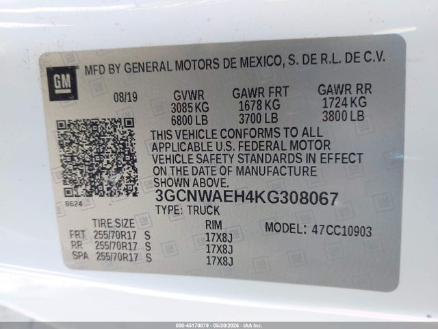 Aukcja sprzedaży 2019 Chevrolet Silverado 1500 Work Truck, vin: 3GCNWAEH4KG308067, numer aukcji: 45170079