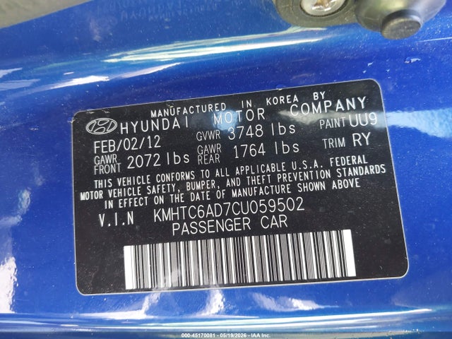 2012 Hyundai Veloster Base W/gray მანქანა იყიდება აუქციონზე, vin: KMHTC6AD7CU059502, აუქციონის ნომერი: 45170081
