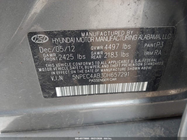 2013 Hyundai Sonata Limited 2.0t მანქანა იყიდება აუქციონზე, vin: 5NPEC4AB3DH657291, აუქციონის ნომერი: 45170085