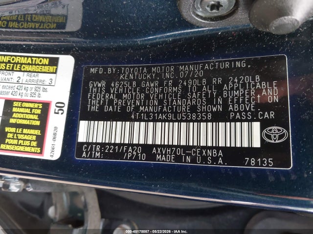Aukcja sprzedaży 2020 Toyota Camry Le Hybrid, vin: 4T1L31AK9LU538358, numer aukcji: 45170087