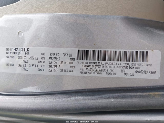 Aukcja sprzedaży 2019 Dodge Grand Caravan Sxt, vin: 2C4RDGCG0KR761410, numer aukcji: 45170100