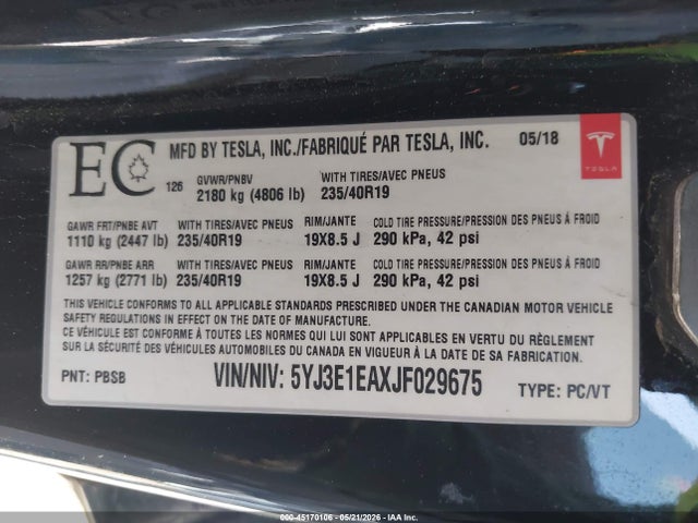 Продажа на аукционе авто 2018 Tesla Model 3 Long Range/mid Range, vin: 5YJ3E1EAXJF029675, номер лота: 45170106