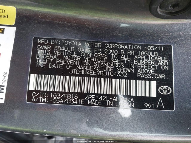 Aukcja sprzedaży 2011 Toyota Corolla Le, vin: JTDBU4EE9BJ104332, numer aukcji: 45170109