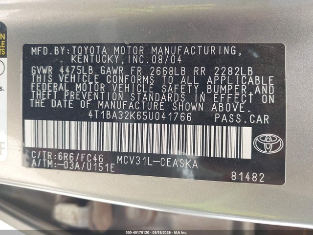 2005 Toyota Camry Se V6 მანქანა იყიდება აუქციონზე, vin: 4T1BA32K65U041766, აუქციონის ნომერი: 45170120