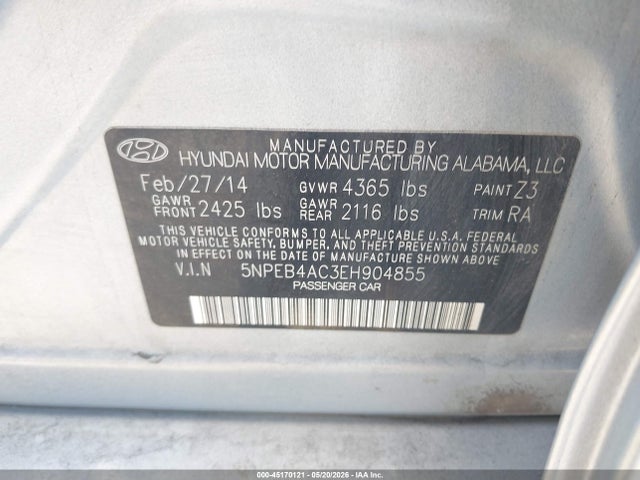 2014 Hyundai Sonata Gls მანქანა იყიდება აუქციონზე, vin: 5NPEB4AC3EH904855, აუქციონის ნომერი: 45170121