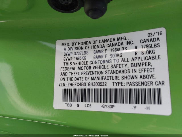 Honda Civic Lx-p 2016 2HGFC4B01GH300532 Image 9