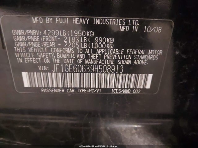 2009 Subaru Impreza 2.5i მანქანა იყიდება აუქციონზე, vin: JF1GE60639H508913, აუქციონის ნომერი: 45170127