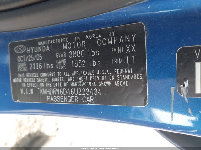 45170143 :رقم المزاد ، KMHDN46D46U223434 vin ، 2006 Hyundai Elantra Gls/limited مزاد بيع