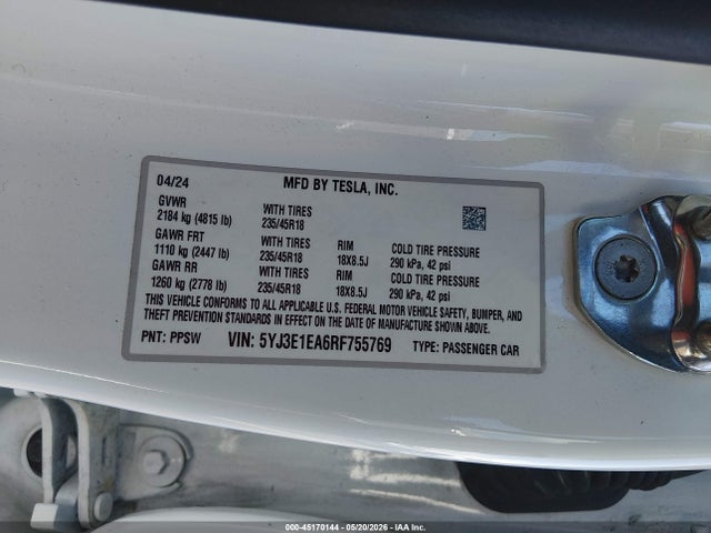 Продаж на аукціоні авто 2024 Tesla Model 3 Long Range Dual Motor All-wheel Drive/rear-wheel Drive, vin: 5YJ3E1EA6RF755769, номер лоту: 45170144