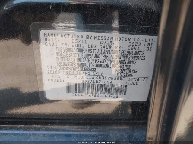 Aukcja sprzedaży 2016 Nissan Sentra Sv, vin: 3N1AB7AP8GL663433, numer aukcji: 45170147