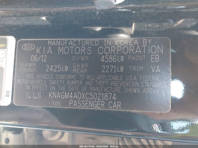 Aukcja sprzedaży 2012 Kia Optima Hybrid Ex, vin: KNAGM4ADXC5021874, numer aukcji: 45170149