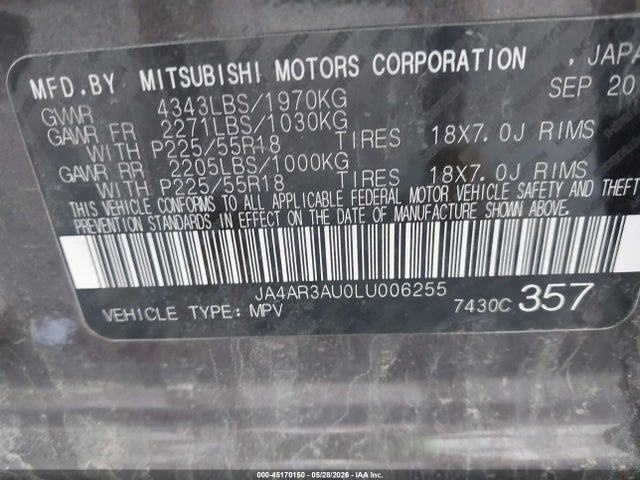 2020 Mitsubishi Outlander Sport 2.0 Es Awc მანქანა იყიდება აუქციონზე, vin: JA4AR3AU0LU006255, აუქციონის ნომერი: 45170150