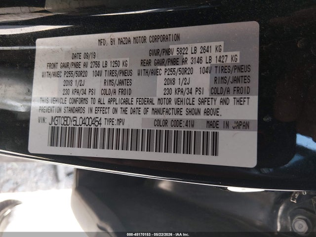 2020 Mazda Cx-9 Grand Touring მანქანა იყიდება აუქციონზე, vin: JM3TCBDY5L0400454, აუქციონის ნომერი: 45170153
