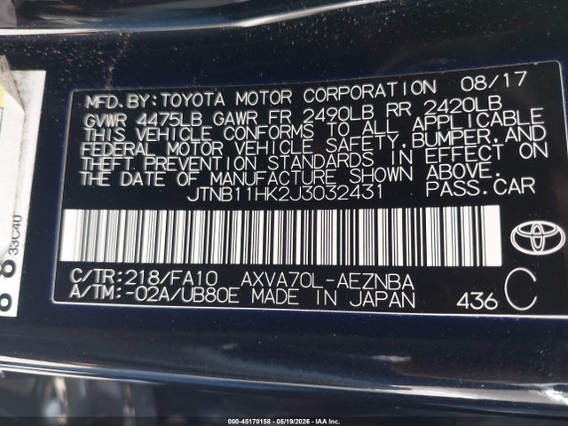 Aukcja sprzedaży 2018 Toyota Camry Le, vin: JTNB11HK2J3032431, numer aukcji: 45170158