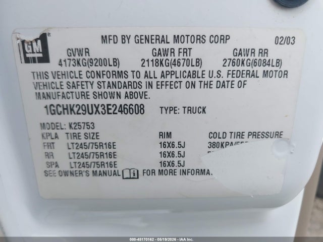 45170162 :رقم المزاد ، 1GCHK29UX3E246608 vin ، 2003 Chevrolet Silverado 2500hd Ls مزاد بيع