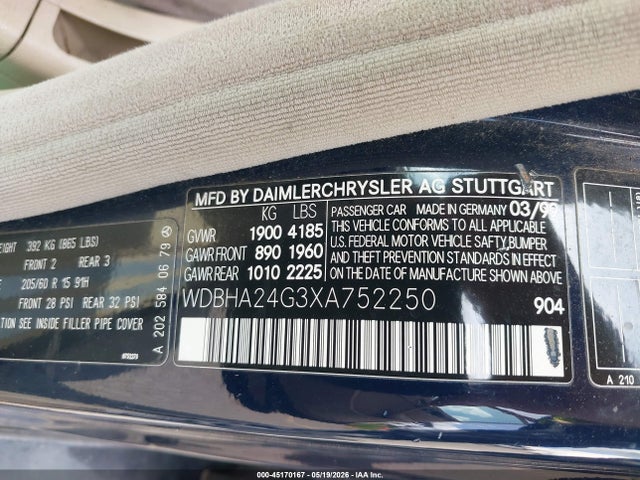 45170167 :رقم المزاد ، WDBHA24G3XA752250 vin ، 1999 Mercedes-benz C 230 Kompressor مزاد بيع