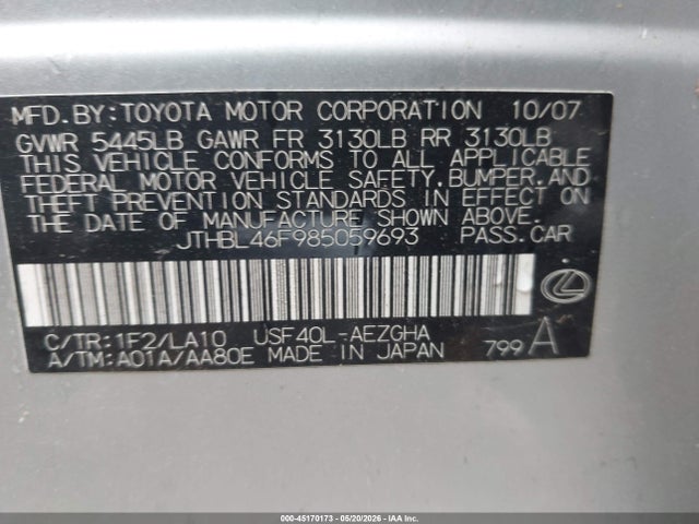 Aukcja sprzedaży 2008 Lexus Ls 460, vin: JTHBL46F985059693, numer aukcji: 45170173