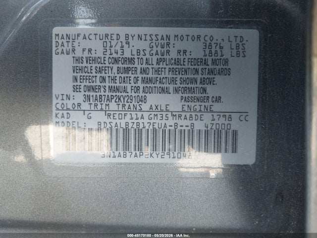 Aukcja sprzedaży 2019 Nissan Sentra S, vin: 3N1AB7AP2KY291048, numer aukcji: 45170180