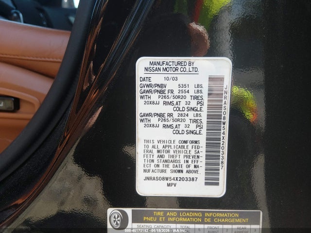 2004 Infiniti Fx35 მანქანა იყიდება აუქციონზე, vin: JNRAS08W54X203387, აუქციონის ნომერი: 45170182