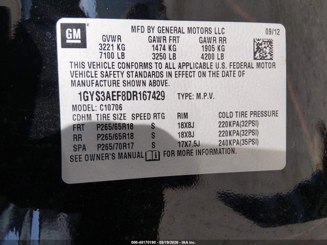 2013 Cadillac Escalade Standard მანქანა იყიდება აუქციონზე, vin: 1GYS3AEF8DR167429, აუქციონის ნომერი: 45170190