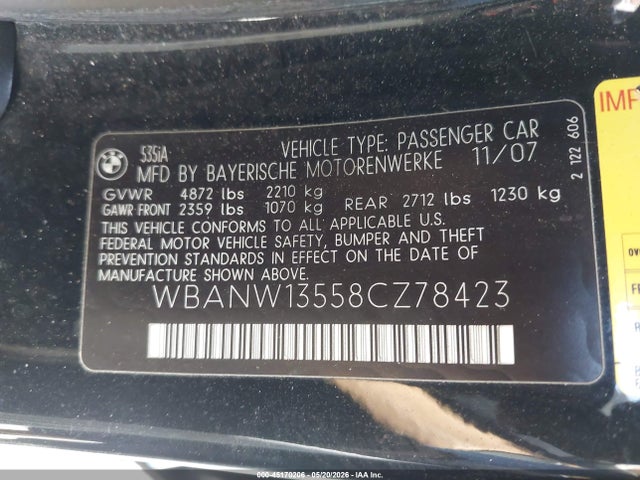 2008 Bmw 535i მანქანა იყიდება აუქციონზე, vin: WBANW13558CZ78423, აუქციონის ნომერი: 45170206