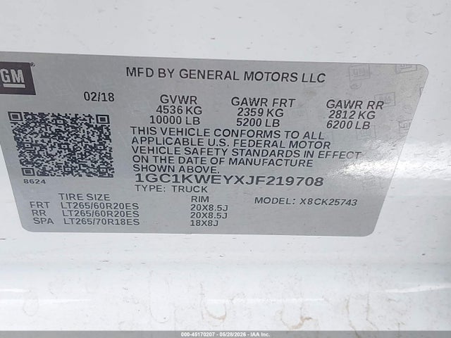 Продаж на аукціоні авто 2018 Chevrolet Silverado 2500hd Ltz, vin: 1GC1KWEYXJF219708, номер лоту: 45170207