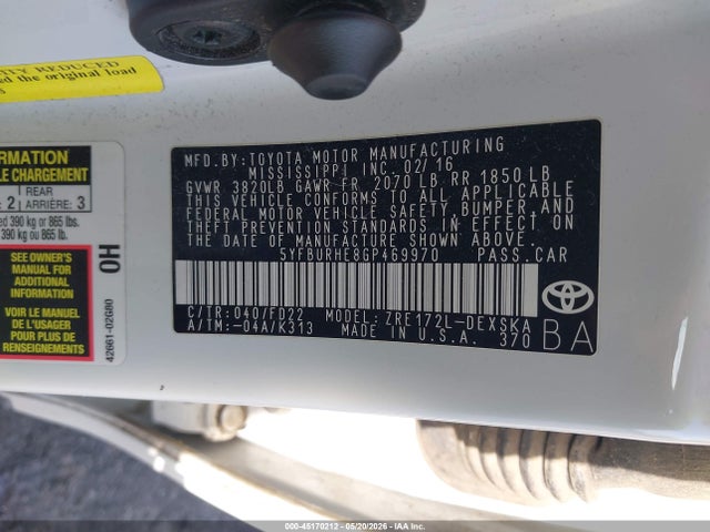 Продажа на аукционе авто 2016 Toyota Corolla S Plus, vin: 5YFBURHE8GP469970, номер лота: 45170212