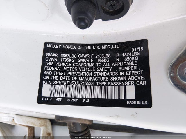 Продажа на аукционе авто 2018 Honda Civic Ex, vin: SHHFK7H53JU215533, номер лота: 45170218