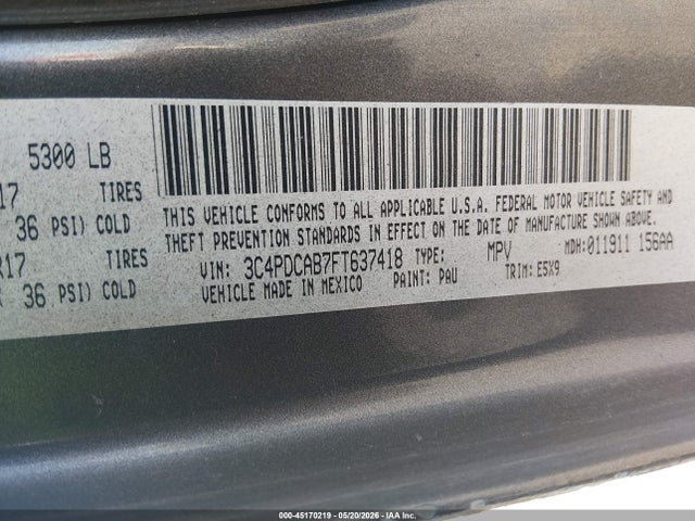 Aukcja sprzedaży 2015 Dodge Journey American Value Pkg, vin: 3C4PDCAB7FT637418, numer aukcji: 45170219