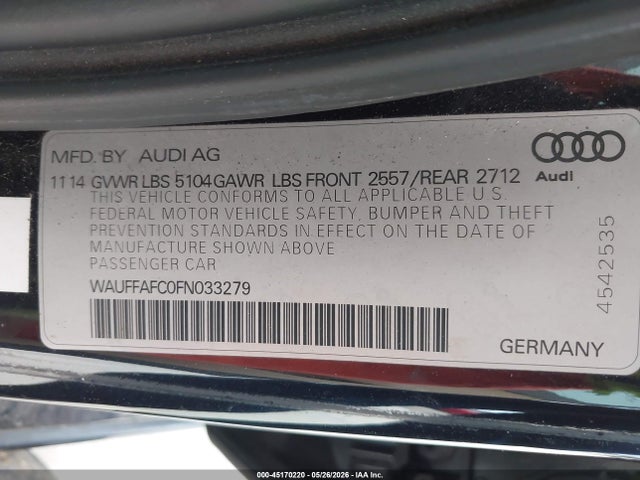 45170220 :رقم المزاد ، WAUFFAFC0FN033279 vin ، 2015 Audi A6 2.0t Premium مزاد بيع