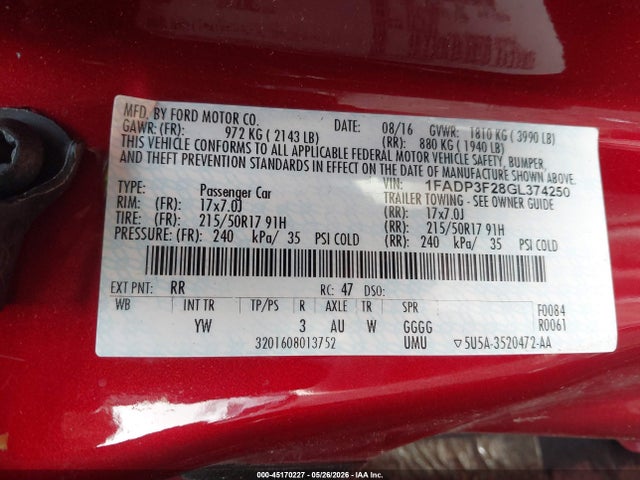 Aukcja sprzedaży 2016 Ford Focus Se, vin: 1FADP3F28GL374250, numer aukcji: 45170227