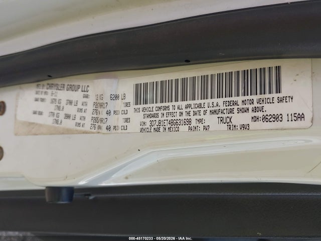 Продаж на аукціоні авто 2011 Ram Ram 1500 St, vin: 3D7JB1ET4BG631698, номер лоту: 45170233