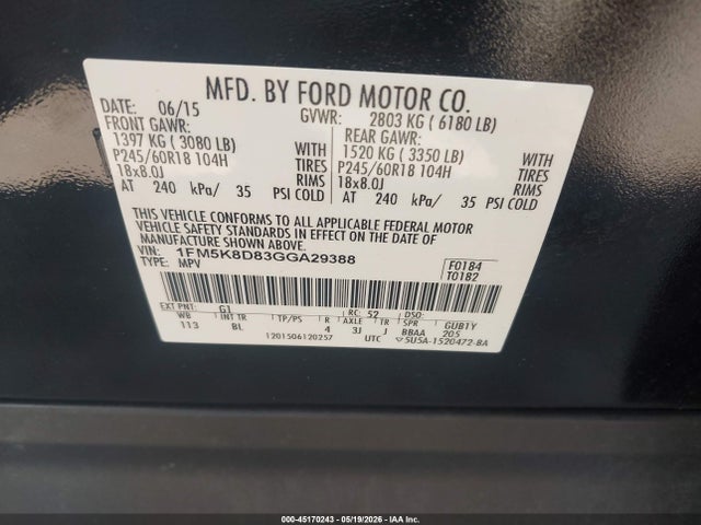 45170243 :رقم المزاد ، 1FM5K8D83GGA29388 vin ، 2016 Ford Explorer Xlt مزاد بيع