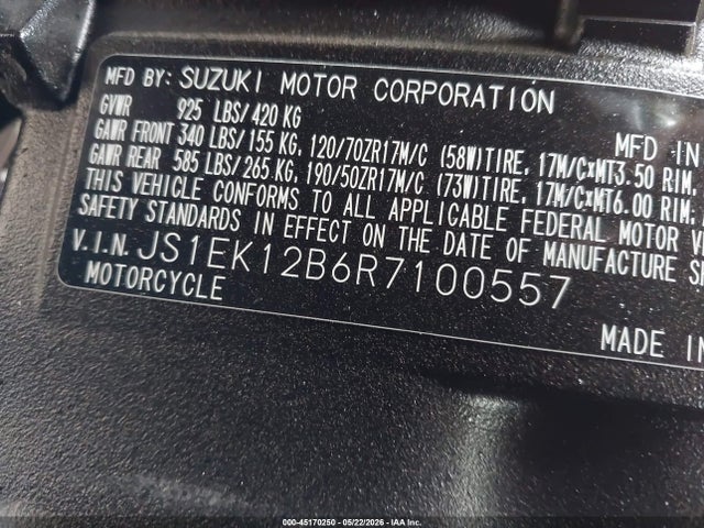 Продаж на аукціоні авто 2024 Suzuki Gsx1000 Gt/gt+, vin: JS1EK12B6R7100557, номер лоту: 45170250