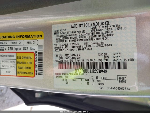 Продажа на аукционе авто 2018 Ford Fusion Hybrid S, vin: 3FA6P0UU1JR278948, номер лота: 45170258
