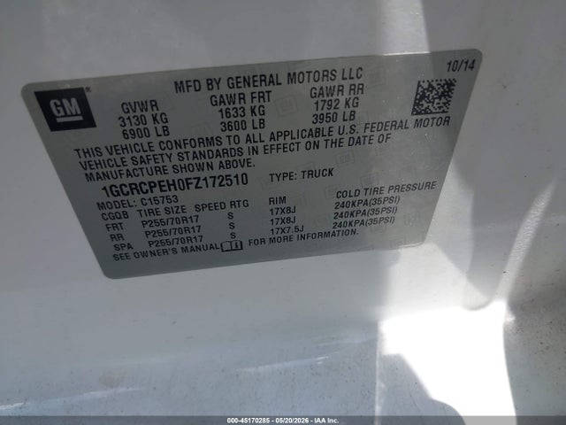 2015 Chevrolet Silverado 1500 Wt მანქანა იყიდება აუქციონზე, vin: 1GCRCPEH0FZ172510, აუქციონის ნომერი: 45170285
