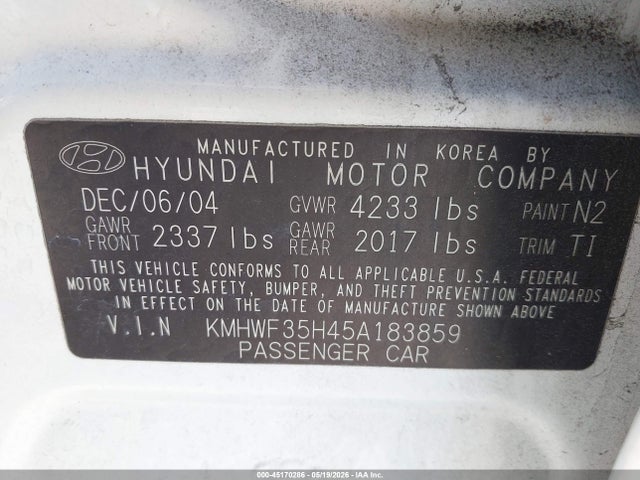 Продаж на аукціоні авто 2005 Hyundai Sonata Gls/lx, vin: KMHWF35H45A183859, номер лоту: 45170286