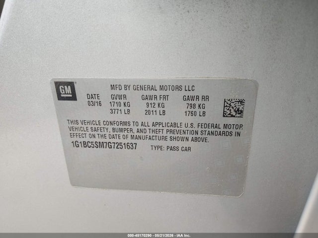 Продаж на аукціоні авто 2016 Chevrolet Cruze Ls Auto, vin: 1G1BC5SM7G7251637, номер лоту: 45170290