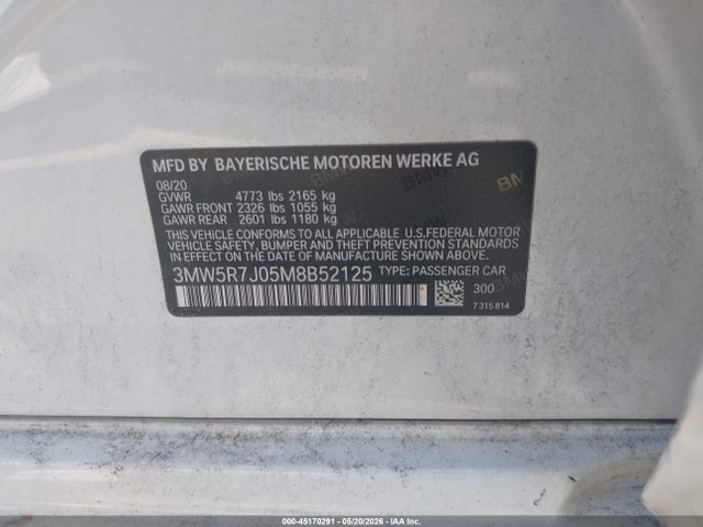 Aukcja sprzedaży 2021 Bmw 330i Xdrive, vin: 3MW5R7J05M8B52125, numer aukcji: 45170291