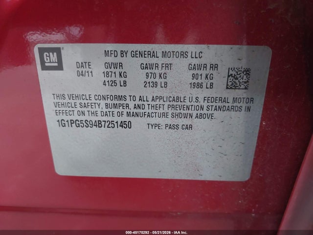 45170292 :رقم المزاد ، 1G1PG5S94B7251450 vin ، 2011 Chevrolet Cruze 2lt مزاد بيع
