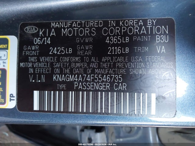 Продажа на аукционе авто 2015 Kia Optima Lx, vin: KNAGM4A74F5546735, номер лота: 45170296