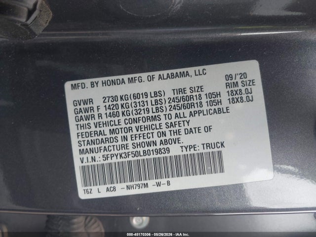 Продажа на аукционе авто 2020 Honda Ridgeline Awd Rtl, vin: 5FPYK3F50LB019839, номер лота: 45170306
