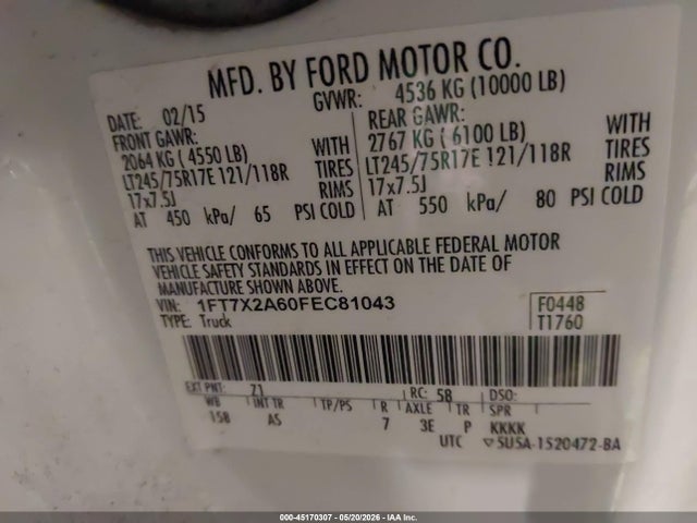 Продажа на аукционе авто 2015 Ford F-250 Xl, vin: 1FT7X2A60FEC81043, номер лота: 45170307
