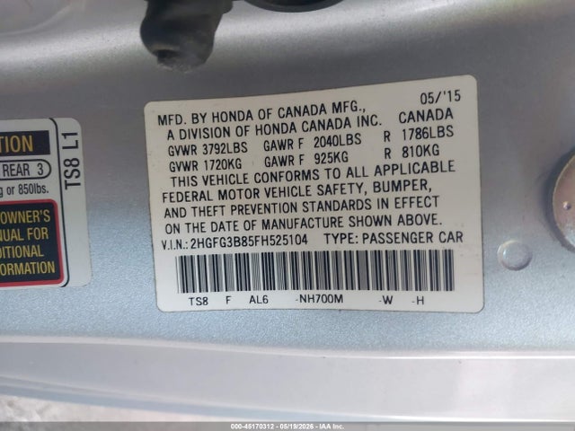 Продажа на аукционе авто 2015 Honda Civic Ex, vin: 2HGFG3B85FH525104, номер лота: 45170312