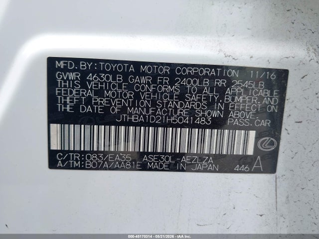 45170314 :رقم المزاد ، JTHBA1D21H5041483 vin ، 2017 Lexus Is 200t مزاد بيع