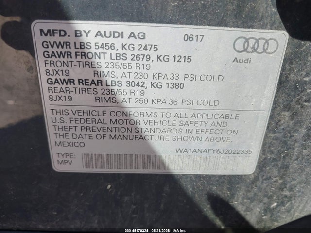 45170324 :رقم المزاد ، WA1ANAFY6J2022335 vin ، 2018 Audi Q5 2.0t Premium/2.0t Tech Premium مزاد بيع